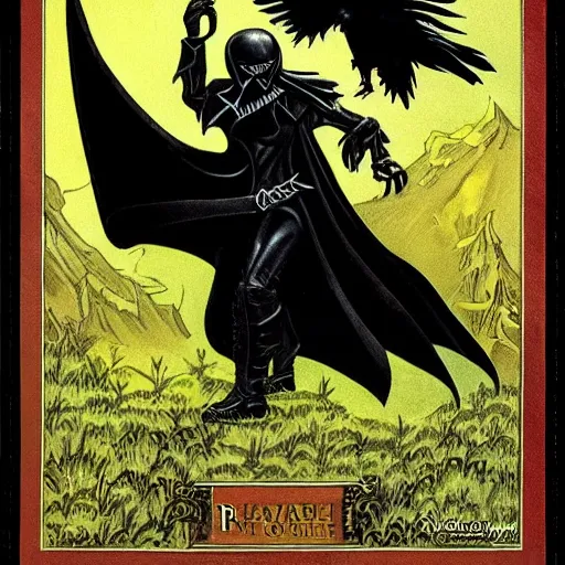 Prompt: a raven rogue wearing a vantablack cloak. in a high fantasy 1 9 7 8 castle. r / oldschoolfantasy