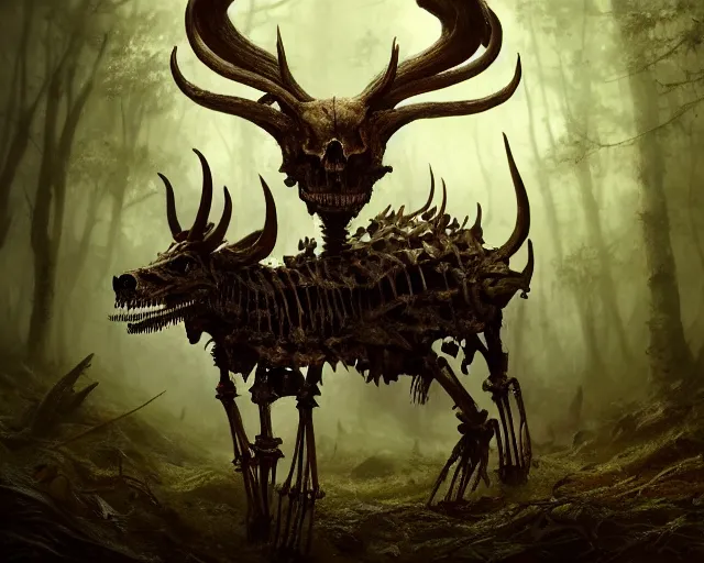 Image similar to 5 5 mm portrait photo of an armored demonic rat skeleton with horns and red eyes, in a magical forest. magical atmosphere. art by greg rutkowski. highly detailed 8 k. intricate. lifelike. soft light. nikon d 8 5 0.