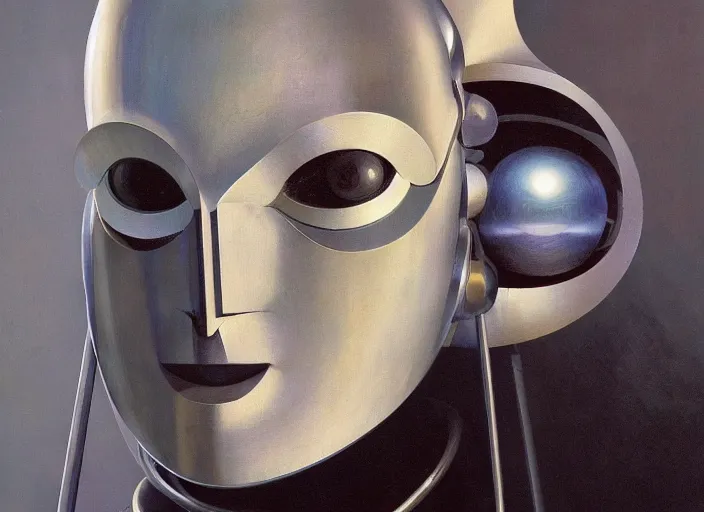 Image similar to a portrait headshot of sci fi metallic human, bright eyes, melancholic complex geometric figure liminal machinery by oskar schlemmer, moebius, john berkey, cinema grain, oil on canvas, portrait facial head, featured on artstation, hd wallpaper