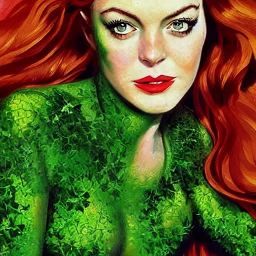 Image similar to portrait of lindsay lohan as poison ivy, wearing a green dress and floral growths, epic details by alex ross