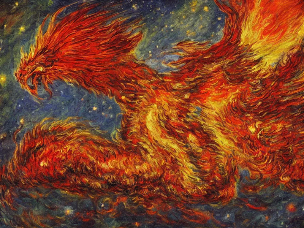 Prompt: A beautiful, highly detailed, very realistic, oil painting of a huge ancient bright red Fire Dragon with red, orange, and yellow, crystal like scales flying through the starry sky near lots of tall mountains in the middle of the night, by Monet. Impressionism, realistic.