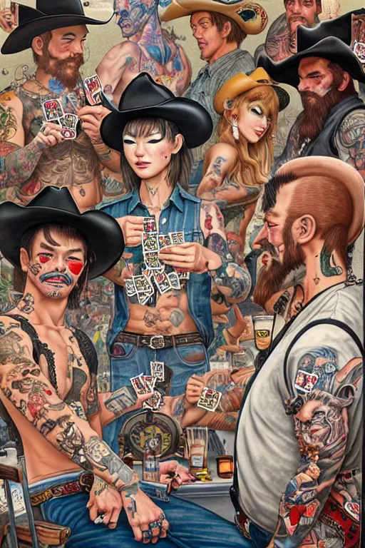 Image similar to full view, from a distance, of cowboys with tattoos, in the saloon playing card games, style of yoshii chie and hikari shimoda and martine johanna, highly detailed