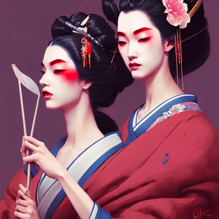 Image similar to a pretty geisha, d & d digital painting, ultra realistic, beautiful, rim lighting, cell shading, by james jean, greg rutkowski, wlop