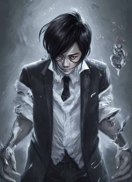 Image similar to a highly detailed illustration of attractive korean man with black hair wearing shirt and tie with giant black mist claws, wielding giat black mist claws pose, tired expression, black mist background, intricate, elegant, highly detailed, centered, digital painting, artstation, concept art, smooth, sharp focus, league of legends concept art, wlop.