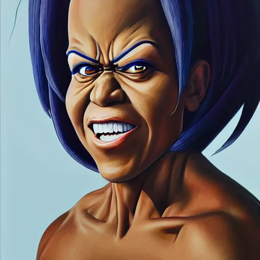 Image similar to ultra realistic portrait painting of michelle obama as frieza, art by akira toriyama, 4 k, dragon ball artstyle, cel shaded, highly detailed, epic lighting