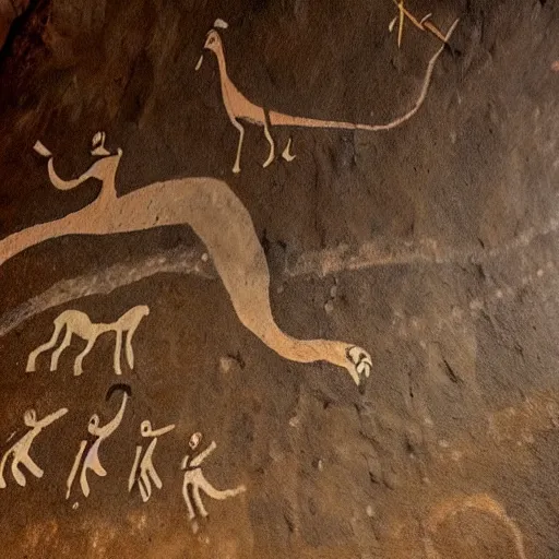 Prompt: paleolithic cave painting depicting an epic battle between dinosaurs and flying saucers, Lascaux Cave
