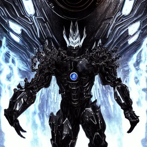 Image similar to extremely detailed artwork of an armored dark figure, super sayan, glowing hands, Sauron, Ultron, fantasy art, fog