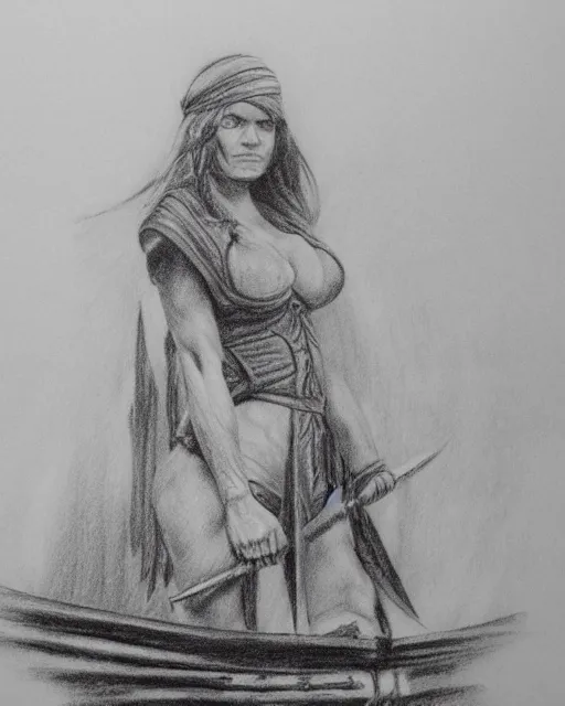 Prompt: A beautiful female warrior on a pirate ship at a deserted island, very faded outline, realism pencil drawing on white paper, bald lines