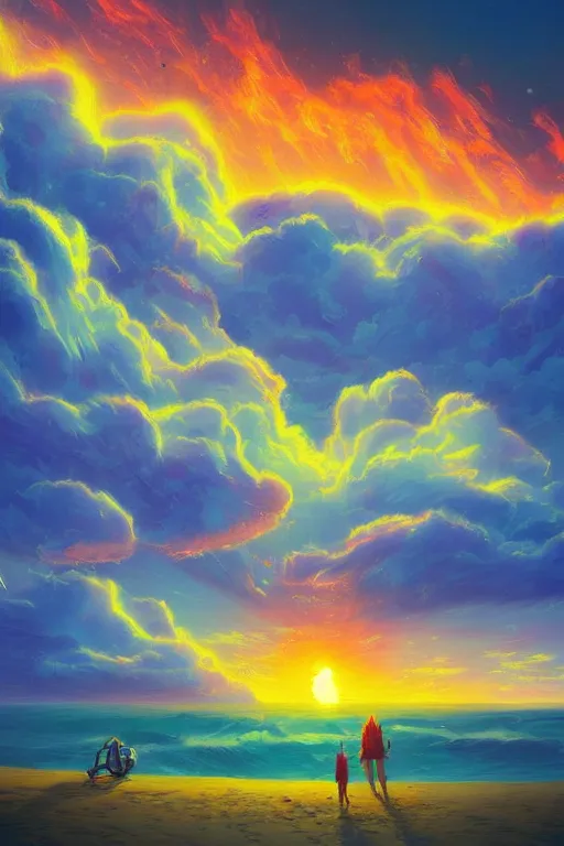 Image similar to a blazing comet comes down from the sky, beach surreal photography, sunrise, dramatic light, impressionist painting, colorful clouds, digital painting, artstation, simon stalenhag