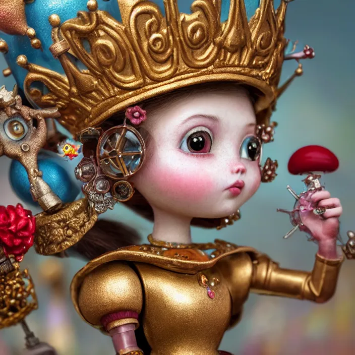 Image similar to highly detailed closeup, portrait of a tin toy fairytale princess wearing a crown, unreal engine, nicoletta ceccoli, mark ryden, earl norem, lostfish, global illumination, detailed and intricate environment