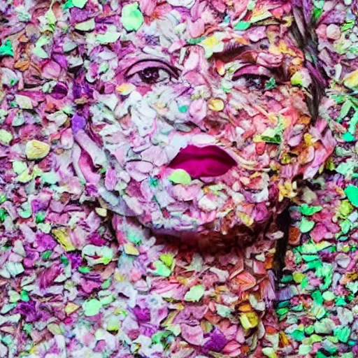 Image similar to a portrait of a woman constructed from flower petals, layered composition, layers, texture, mcu, newspaper, highly textured, layered, sculpted, dynamic,