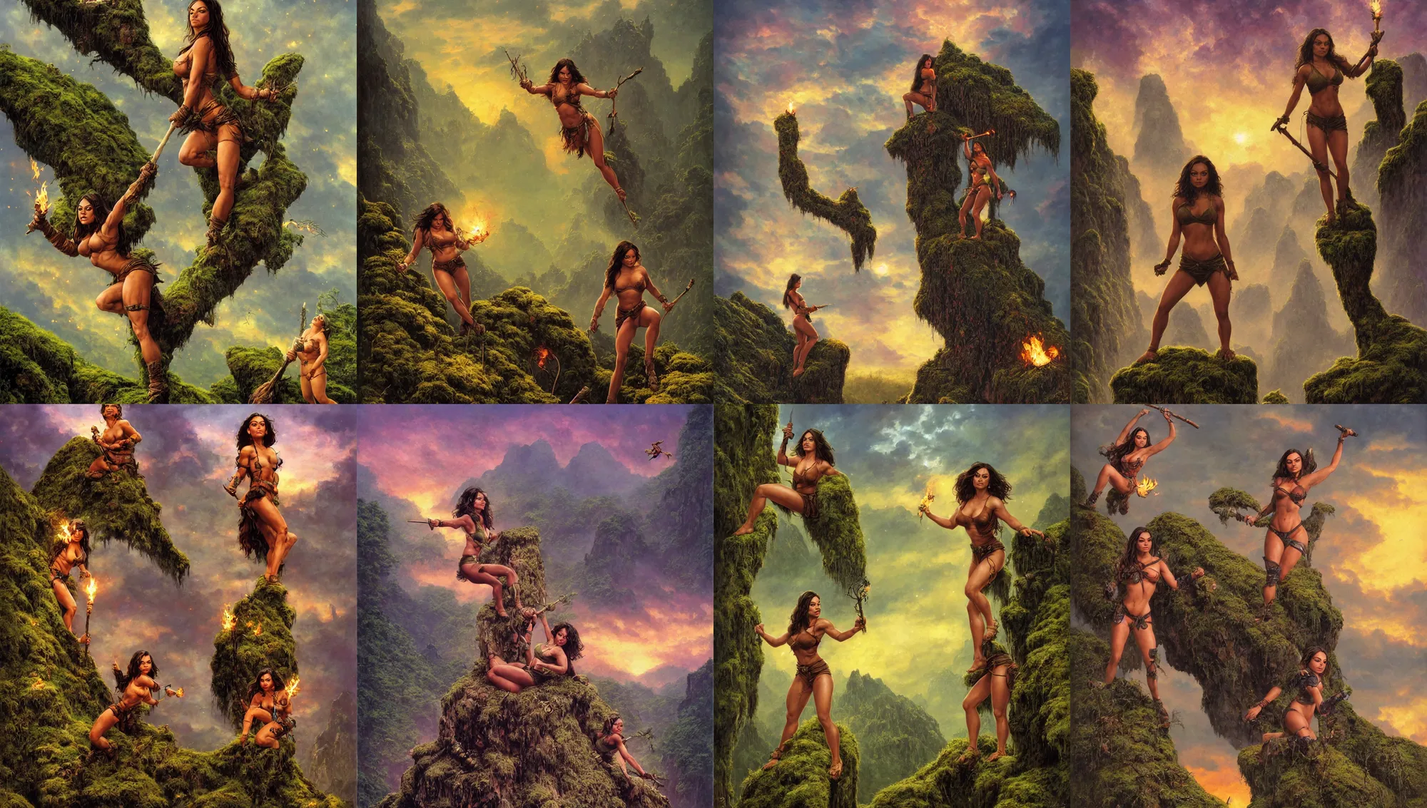 Prompt: single mila kunis as muscled amazon posted on a large mossy rock, beautiful epic vista, flowing hills, sundown golden hour, fireflies, torches in ground, eerie sky, frank frazetta, alex horley, ralph horsley, michael whelan