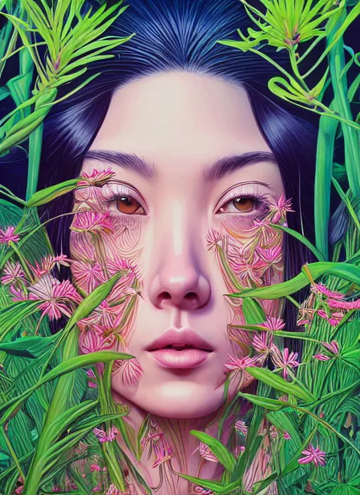 Image similar to gigantic girl head, a lot of exotic vegetation, trees, flowers by junji ito, tristan eaton, victo ngai, artgerm, rhads, ross draws, hyperrealism, intricate detailed