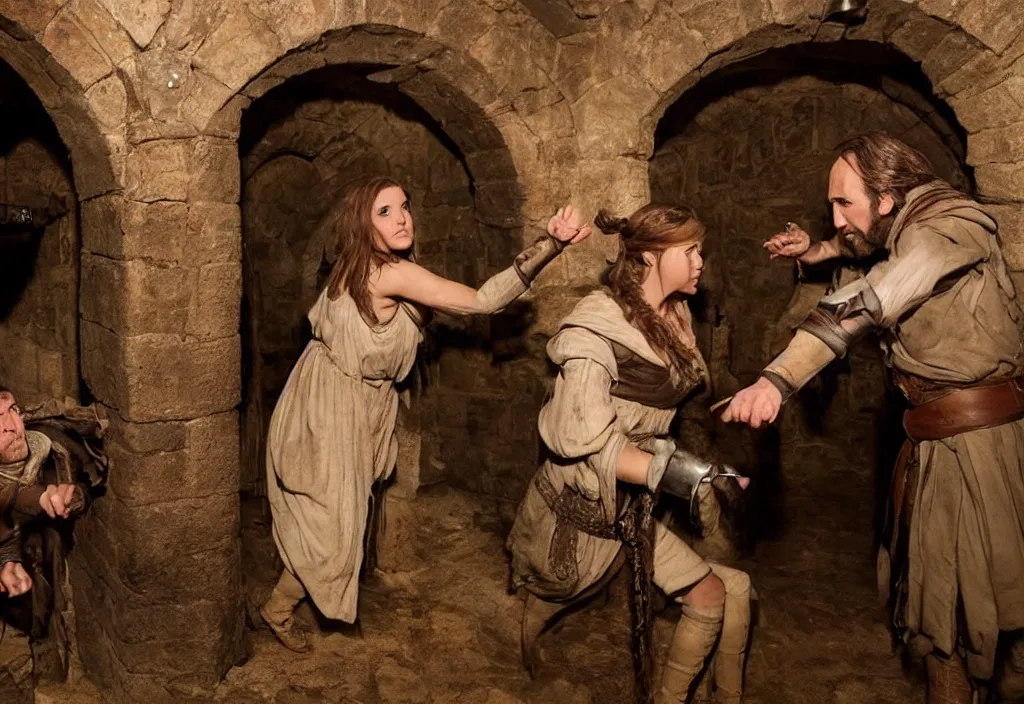 Image similar to photography emma watsons fight with nicholas cage in a medieval wine cellar detailed matte painting, cinematic