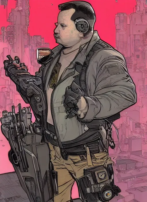 Image similar to cyberpunk paul blart falling down escalator. portrait by ashley wood and alphonse mucha and laurie greasley and josan gonzalez and james gurney. spliner cell, apex legends, rb 6 s, hl 2, d & d, cyberpunk 2 0 7 7. realistic face. vivid color. dystopian setting.