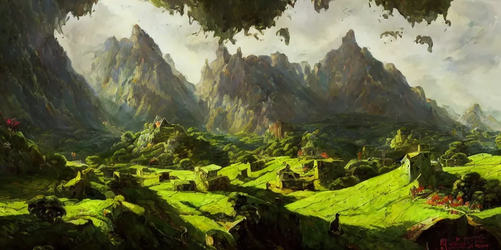 Prompt: lush green landscape villages castles buildings inverted upsidedown mountain range hanging from the sky fantasy surreal good composition artstation illustration sharp focus sunlit vista painted by ruan jia raymond swanland lawrence alma tadema zdzislaw beksinski norman rockwell tom lovell alex malveda greg staples