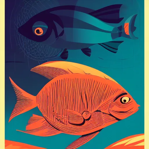 Image similar to one stylized fish in center of view, viewed in profile, dark ocean, complex patterns, artstation, intricate, realistic, highly detailed, digital painting, concept art, sharp focus, illustration by tom whalen and charles williams and kilian eng and james jean