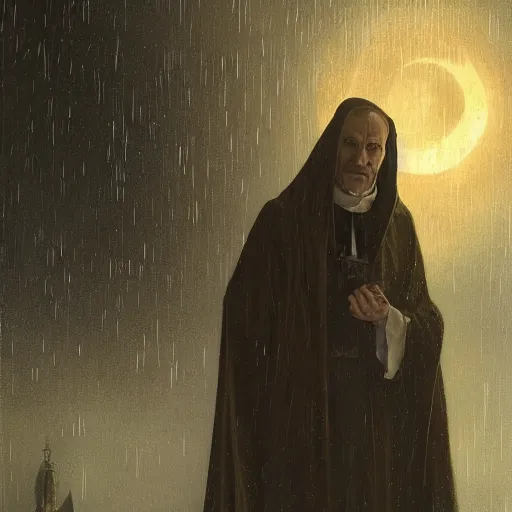 Image similar to a terrified catholic priest, full moon in the background, rainy atmosphere, natural volumetric light, intricate, highly detailed, digital painting, artstation, concept art, sharp focus, illustration, SFW, art by greg rutkowski and alphonse mucha