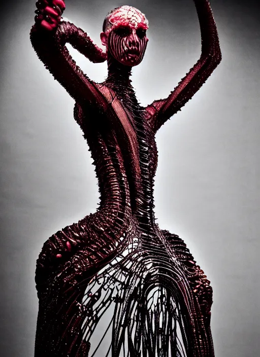 Image similar to walking down the catwalk, steven klein, show, stage, vogue photo, podium, fashion show photo, historical baroque dress, iris van herpen, beautiful woman, full body shot, masterpiece, intricate, wires, veins, jellyfishs, biopunk, guyver, highly detailed