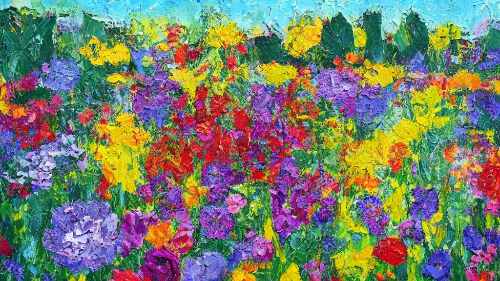 Prompt: a flower garden. impasto.