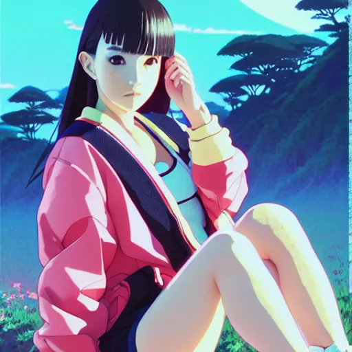 Image similar to a beautiful japanese natalie portman gravure model, wearing oversized native designer bomber jacket and leotard with overalls, bulky poofy bomber jacket with mesoamerican patterns, mesoamerican native street fashion, gapmoe yandere grimdark, trending on pixiv fanbox, painted by greg rutkowski makoto shinkai takashi takeuchi studio ghibli, akihiko yoshida