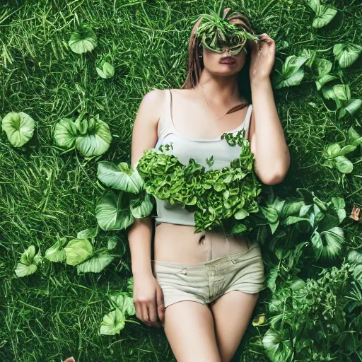 Image similar to a beautiful girl made out of plants, full body shot, 8 k, shallow depth of field, moody lighting, cinematic lighting,