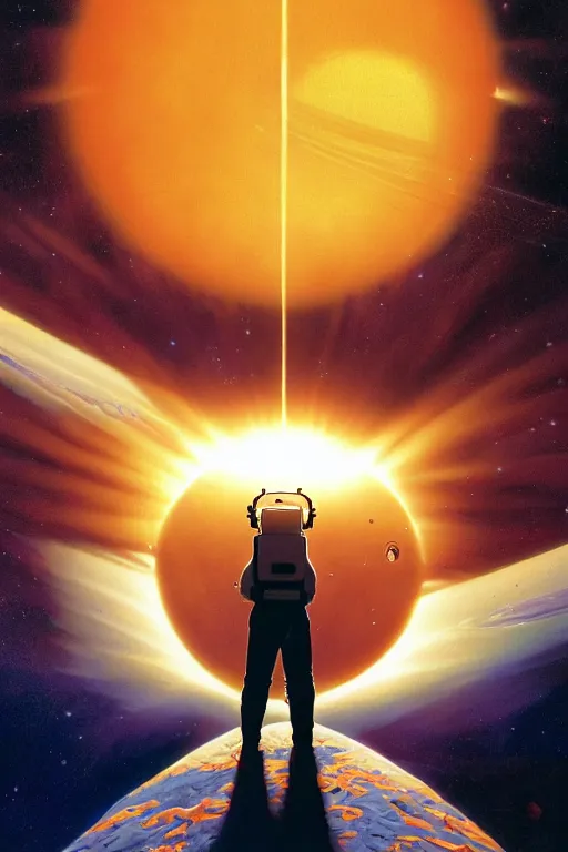 Prompt: long shot from behind of an astronaut floating alone in space silhouetted against the sun, dramatic backlighting, golden hour, kodachrome, high contrast, highly detailed, sharp focus, digital painting, concept art, illustration, octane render, photorealistic, volumetric lighting, trending on artstation, art by greg rutkowski + greg hildebrandt + alphonse mucha