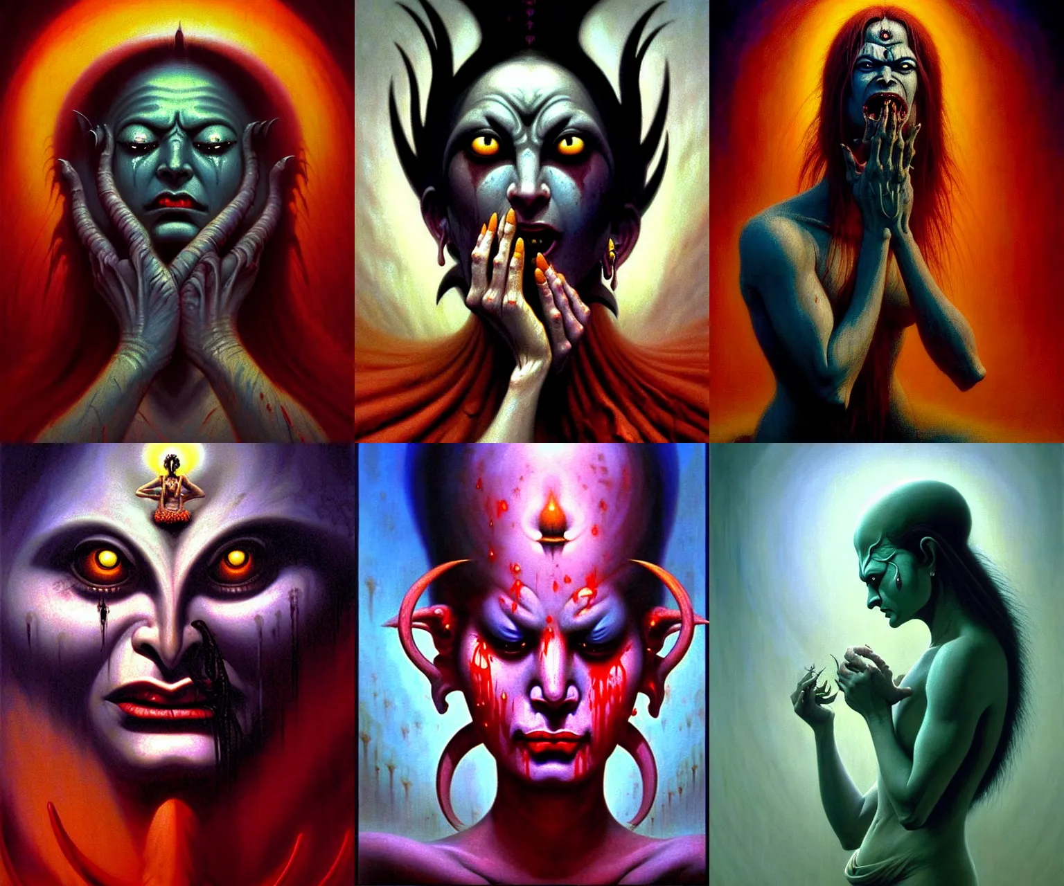 Prompt: A cinematic crying neo-classical closeup portrait of the Hindu demon goddess of grief despair sorrow, by jim warren, by Edward Hopper, by Wayne Barlowe, by Paul Lehr, by Bruce Pennington, by Zdzisław Beksiński, by HR Giger, oil on canvas, masterpiece, trending on artstation, featured on pixiv, cinematic composition, astrophotography, dramatic pose, beautiful lighting, sharp, details, details, details, hyper-detailed, no frames, 8K