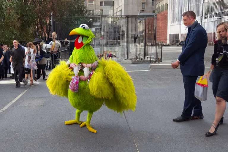 Image similar to muppet Big-Bird in shackles being escorted to the docks in a courtroom