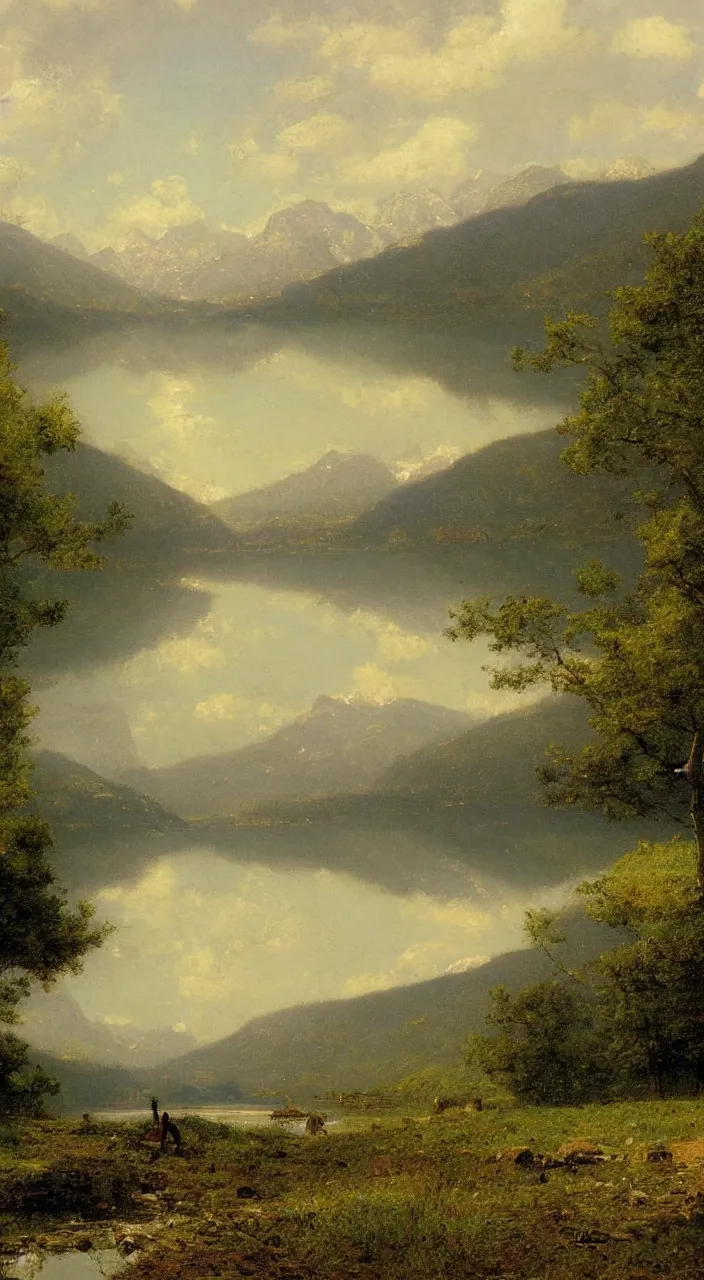 Prompt: An ultradetailed, digital-art, 4k-concept-art-wallpaper, Mountains in the background by George Inness, Lake around