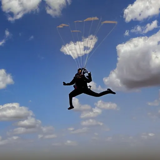 Prompt: egyptian man with long curly hair skydiving, dreamy clouds, pastel tones, by jose miguel roman frances