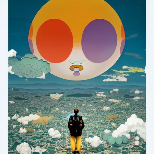 Image similar to a man walking on clouds away from the camera above kyoto by takashi murakami, beeple and james jean, aya takano color style, 4 k, super detailed, modern, 4 k, symmetrical