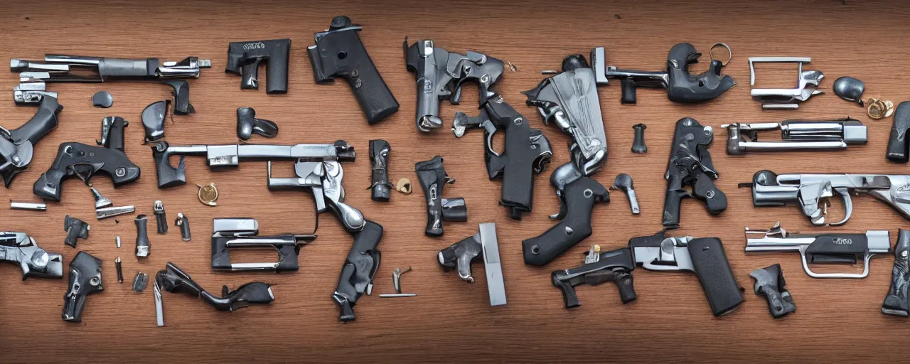 Prompt: a knolling of pistols, revolvers, Lugers, derringers, glocks, top down view, flatlay