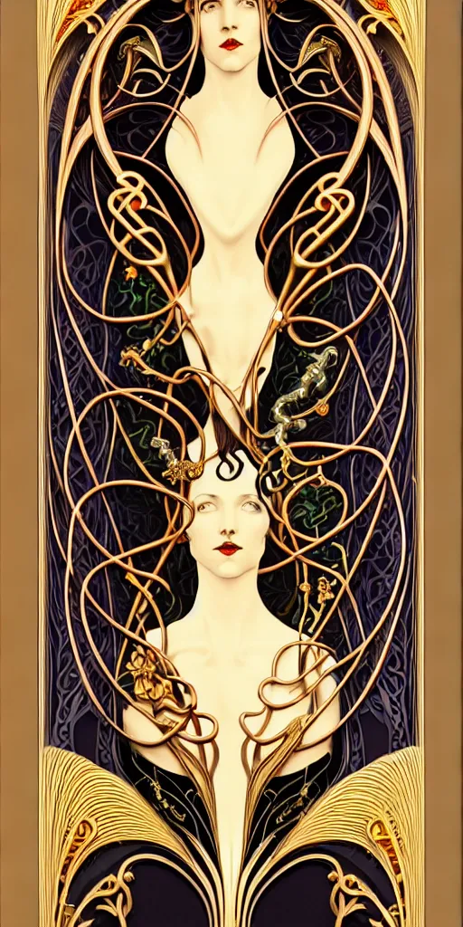 Prompt: the source of future growth dramatic, elaborate emotive Art Nouveau styles to emphasise beauty as a transcendental, seamless pattern, symmetrical, large motifs, hyper realistic, 8k image, 3D, supersharp, Art nouveau 3D curves and swirls, copper and Gold pipes, silk ribbons and golden chains, swarovski crystals, iridescent and black and shiny gold colors , perfect symmetry, iridescent, High Definition, sci-fi, Octane render in Maya and Houdini, light, shadows, reflections, photorealistic, masterpiece, smooth gradients, no blur, sharp focus, photorealistic, insanely detailed and intricate, cinematic lighting, Octane render, epic scene, 8K