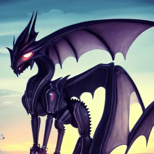 Image similar to amazing close-up shot of a cute and beautiful anthropomorphic well-proportioned robot female dragon doing an elegant pose, has two eyes, a sleek yet elegant design of metal plating, with two big epic wings behind her, two arms, the background is of the beach at night; high quality digital art, artstation, deviantart, furaffinity, high quality detail