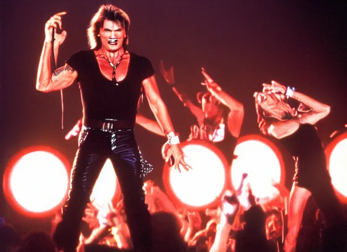 Image similar to publicity photo still of patrick swayze in motley crue live on stage, 8 k, live concert lighting, mid shot