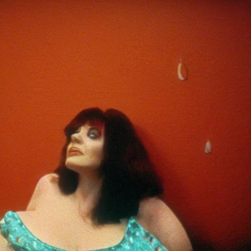 Prompt: still from a 1991 arthouse film about a depressed housewife dressed as a squishy inflatable toy who meets a handsome younger man in a seedy motel room, color film, 16mm soft light, weird art on the wall