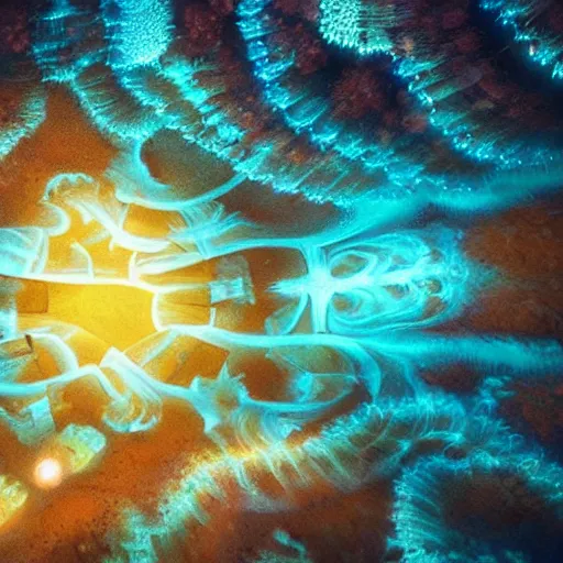 Prompt: a series of highly detailed fractals coalesce into a sea of bioluminescence, cinematic, deep ocean, rays of light