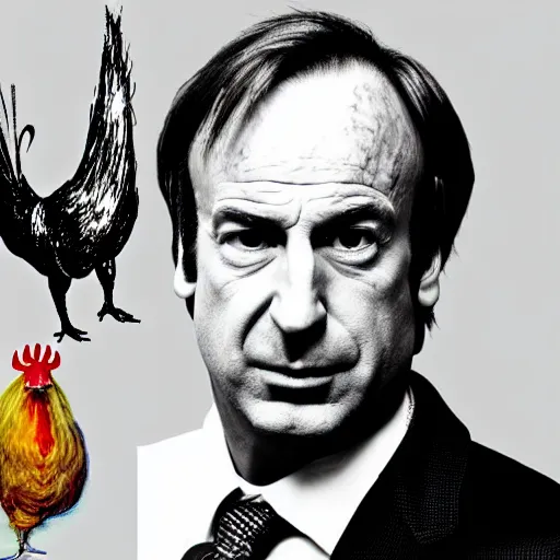 Image similar to saul goodman and a rooster in a medieval torture chamber, saw blades and knives in the background, horror movie, saul goodman face, rooster!!!!, real life photo, highly detailed face