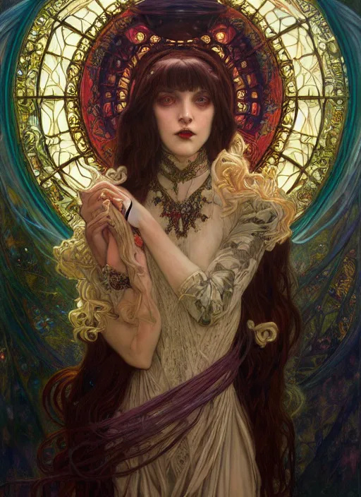 Image similar to hyper detailed masterpiece vampire girl duchess by donato giancola and tom bagshaw, face by artgerm and edmund leighton, and alphonse mucha, trending on artstation, colorful, psychedelic aesthetic, ornate, background by gustav klimt, 8 k, black gothic, majestic, volumetric lighting, porcelain skin, concept art, sharp focus