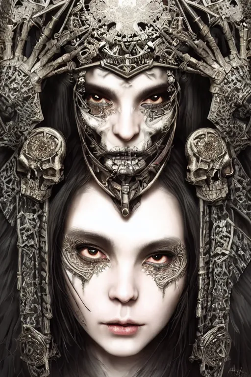Prompt: A masterpiece ultrarealistic portrait of a Irresistible technopriest tribal-shaman-knight-witch-ghost with Skull Iron mask. baroque renaissance girl in the night forest. medium shot, intricate, elegant, highly detailed. trending on artstation, digital art, by Stanley Artgerm Lau, WLOP, Rossdraws, James Jean, Andrei Riabovitchev, Marc Simonetti, Yoshitaka Amano. background by James Jean and Gustav Klimt, light by Julie Bell, 4k, porcelain skin.