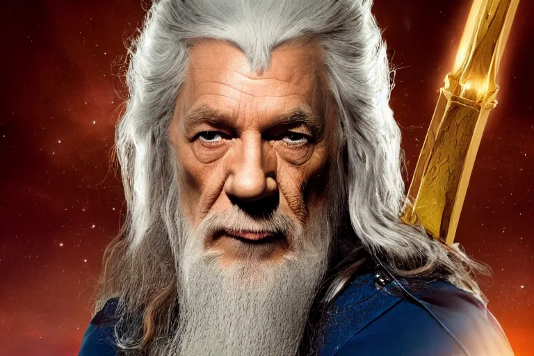 Image similar to promotional image of gandalf as captain kirk in the new star trek movie, detailed face, movie still frame, promotional image, imax 70 mm footage