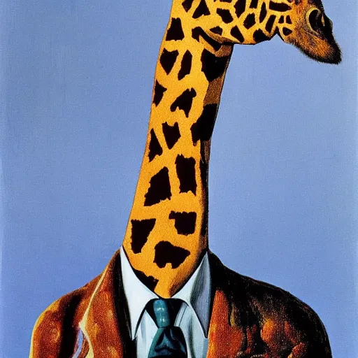 Prompt: A portrait of a humaniid giraffe wearing a tie by Salvador Dali
