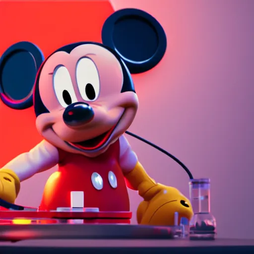 Prompt: render of mechanics repairing 3 d mickey mouse head in science lab, behind is glowing red netflix logo, made by beeple, cgsociety, unreal engine, octane render, greg rutkowski, alphonse mucha, cinematic lighting, dark room, low light, sharp focus, 4 k highly detailed art