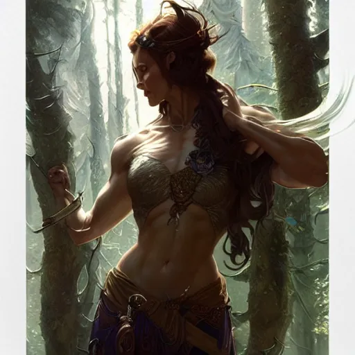 Image similar to portrait of forest gog, female, clear face, masculine, full body, muscular, fantasy, intricate, elegant, highly detailed, digital painting, artstation, concept art, matte, sharp focus, illustration, art by artgerm and greg rutkowski and alphonse mucha