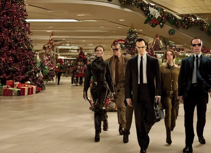 Prompt: film still of agent smith goes to the mall at christmas time in the new matrix movie, 4 k