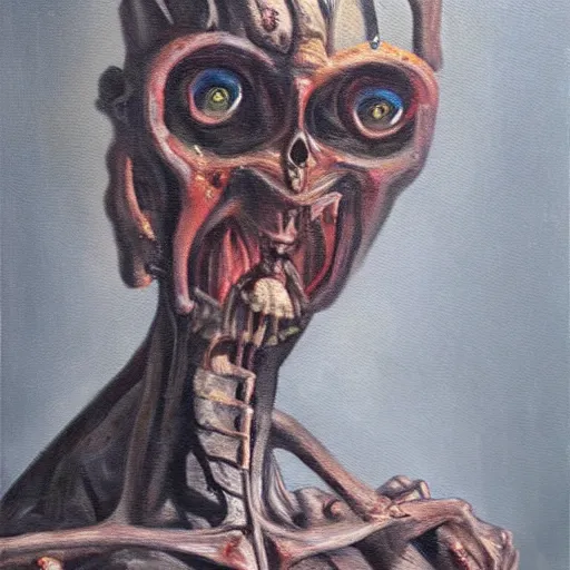 Prompt: humanoid creature, oil painting, horror