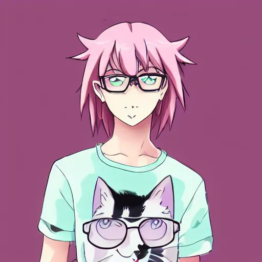 Prompt: an anime cat boy with pink hair and circle glasses in pastel colours