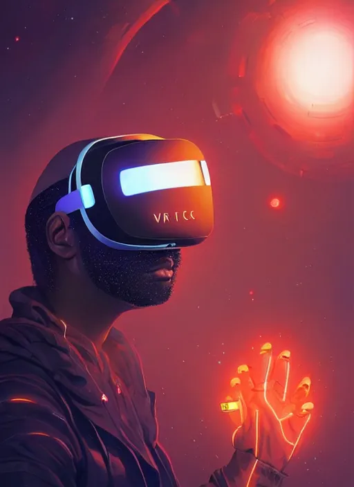 Prompt: black floating in space wearing a vr headset, urban attire, three dimensional holographic displays and laser keyboard, cinematic and dramatic, highly detailed, electric orange glowing lights, digital painting, artstation, concept art, smooth, sharp focus, illustration, art by wlop, uang guangjian and gil elvgren and sachin teng and greg rutkowski