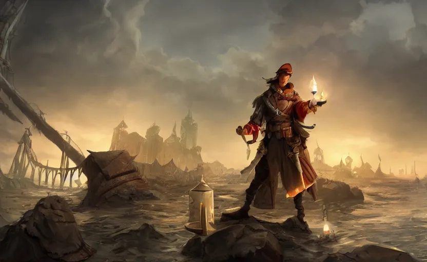 Image similar to concept art of a swashbuckler holding a candle holder discovering a sunken city, wearing a cape, grand ship, highly detailed, digital art, illustration, artstation, very detailed, 4 k